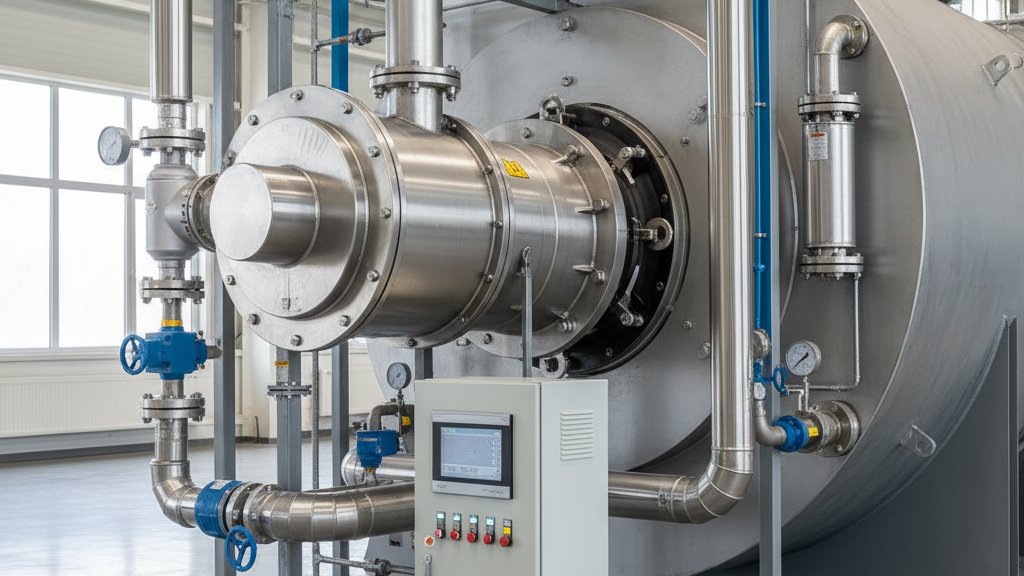 מבער גז תעשייתי מודרני מותקן על דוד קיטור גדול, עם צנרת גז ואוויר מורכבת ומערכת בקרה דיגיטלית