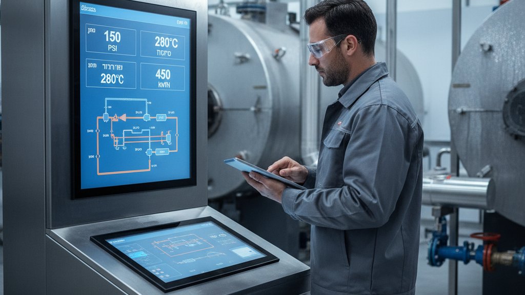 מהנדס בודק לוח בקרה דיגיטלי של מערכת קיטור תעשייתית. על המסך מופיעים נתוני לחץ, טמפרטורה וצריכת אנרגיה.