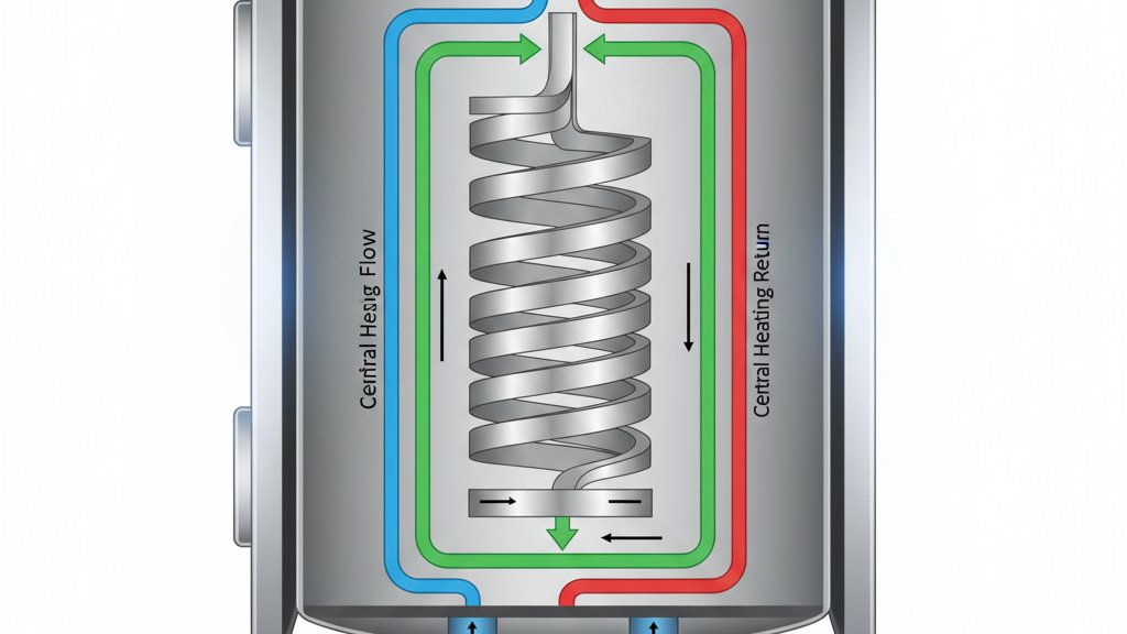 תרשים חתך של דוד מחליף חום המציג את סליל מחליף החום הפנימי, כניסות ויציאות המים הקרים והחמים, וכן את מעגל המים ממערכת החימום המרכזית העובר דרך הסליל.