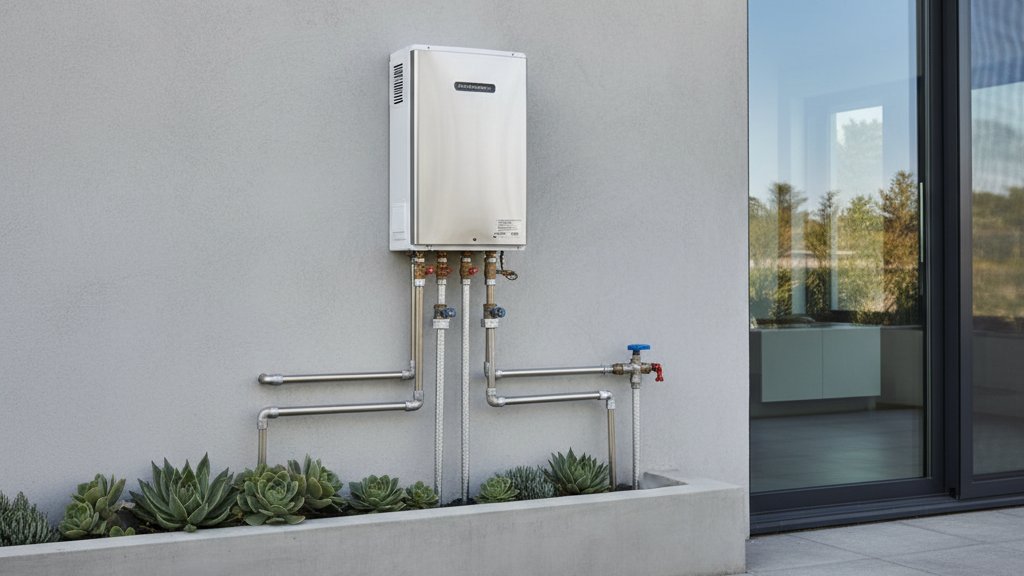 מחמם מים בגז קומפקטי מותקן על קיר חיצוני של בית, עם צנרת מחוברת, מדגיש את החיסכון במקום ואת המראה הנקי של המערכת.