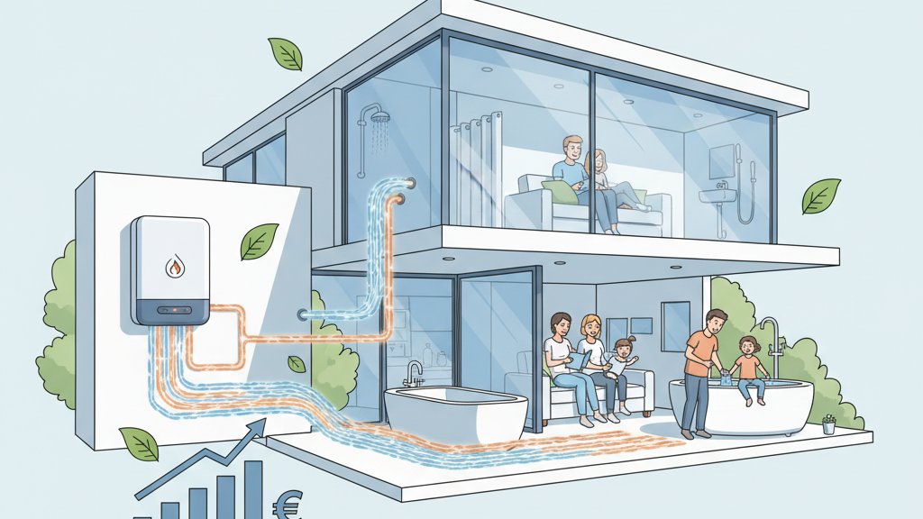 איור של בית מודרני המציג זרימה של מים חמים רציפים ממערכת חימום מים בגז, עם דגש על חיסכון באנרגיה ונוחות משפחתית.