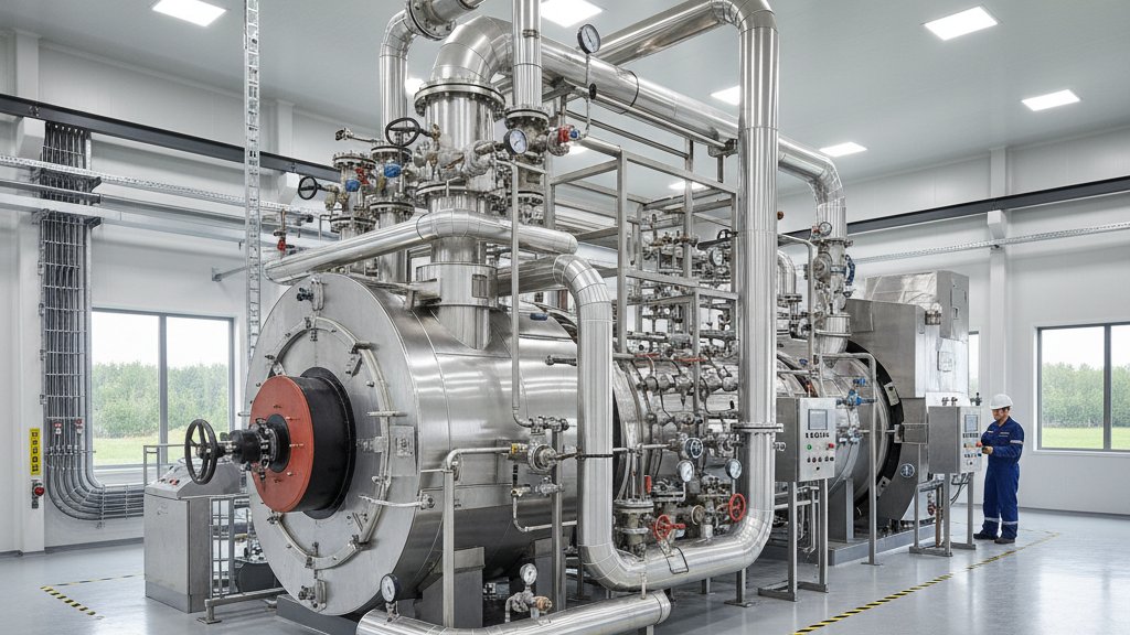 תמונה של דווד קיטור תעשייתי גדול ומרשים, עם צנרת מורכבת וסביבה נקייה ומסודרת.