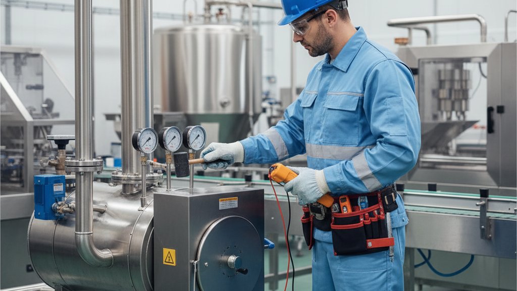 תמונה של טכנאי בודק דווד קיטור קטן יותר, אולי במפעל מזון, עם כלי עבודה ומדי לחץ, תוך שמירה על כללי בטיחות.