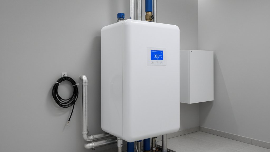 יחידה פנימית של משאבת חום אוויר-מים, הממוקמת בחדר שירות נקי ומודרני. הצינורות מחוברים למערכת חימום תת רצפתי, ופאנל הבקרה הדיגיטלי מציג את טמפרטורת המים.